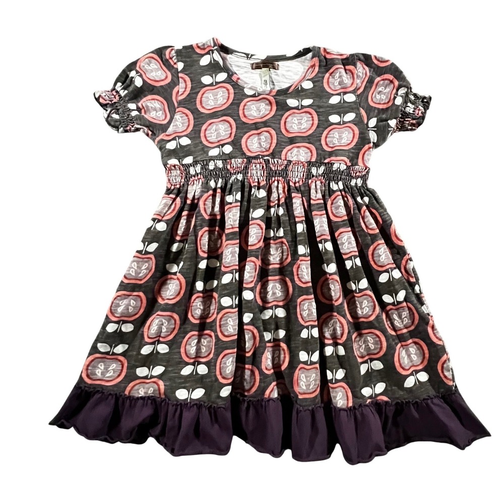 Matilda Jane Apple Print Dress Girls 6 Grey Pink Smocked Ruffle D10116
